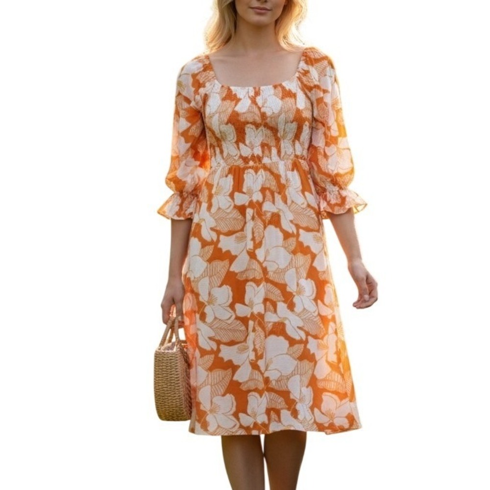 Sugar + Lips Floral Smocked Midi Dress Small Orange White Cottagecore‎ Boho